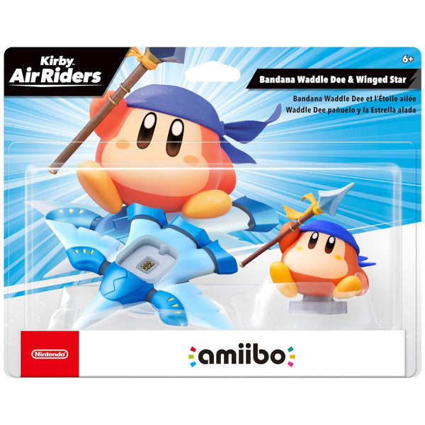 Kirby Air Riders amiibo packaging with character and accessories on a blue and white background
