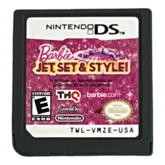Nintendo DS game cartridge for 'Barbie Jet, Set & Style!' on a white background