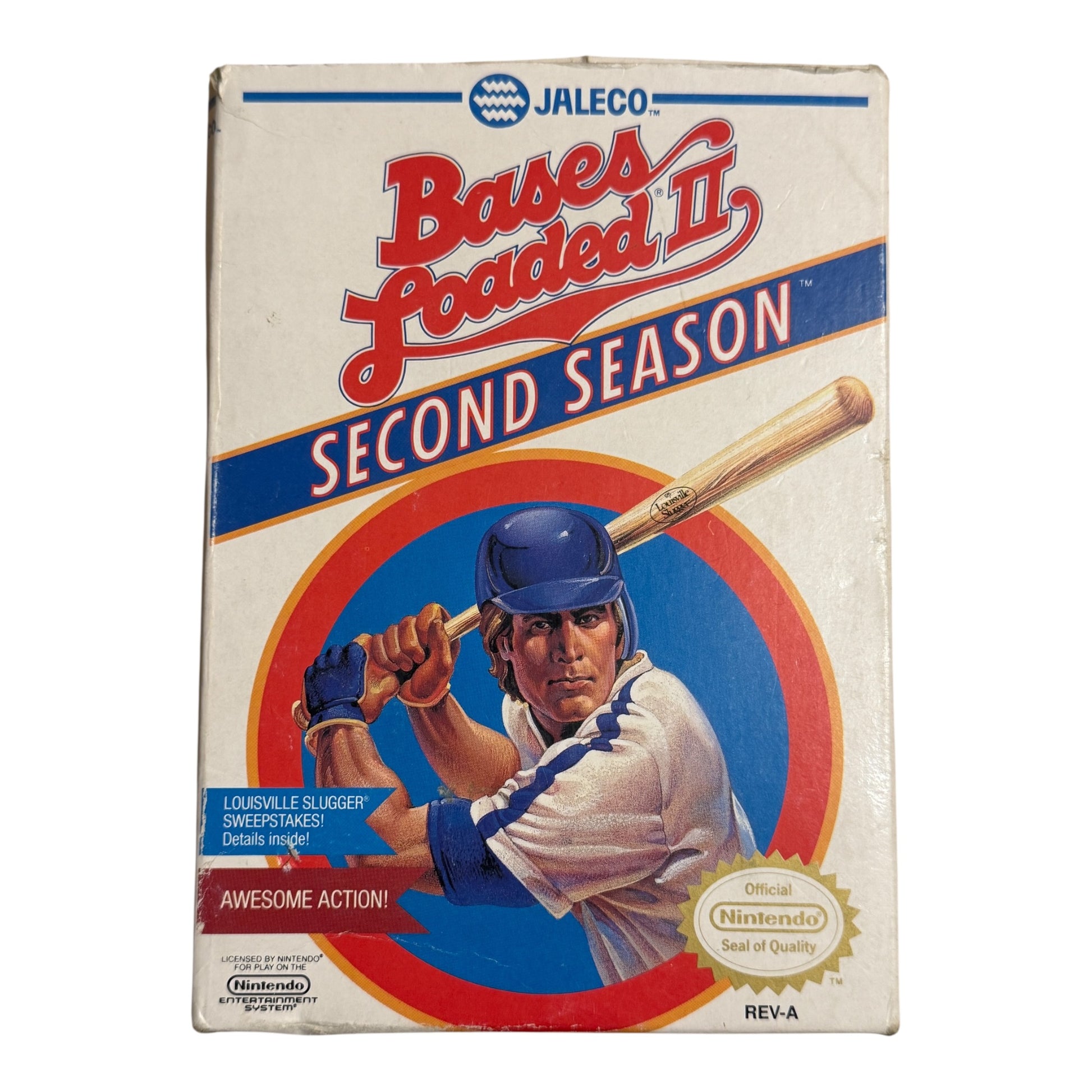 Vintage video game box for 'Bases Loaded II Second Season' by Jaleco on a white background