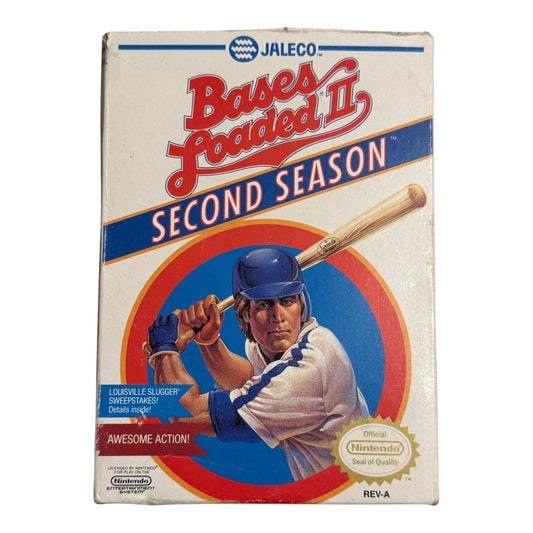 Vintage video game box for 'Bases Loaded II Second Season' by Jaleco on a white background