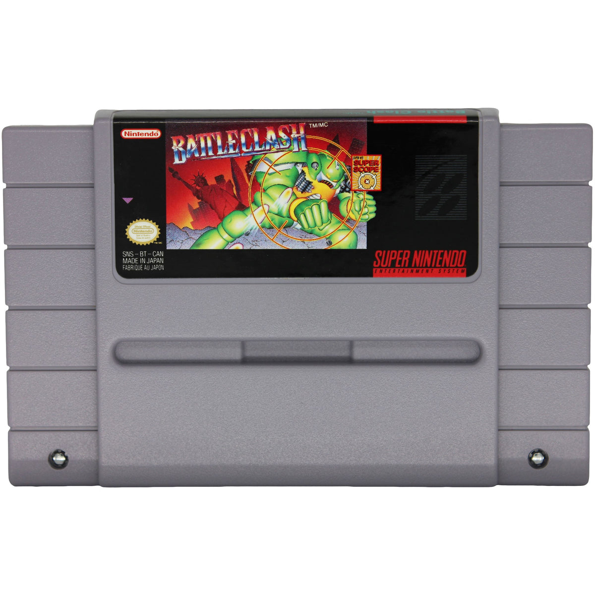 Super Nintendo Entertainment System game cartridge with 'Battleclash' on the screen