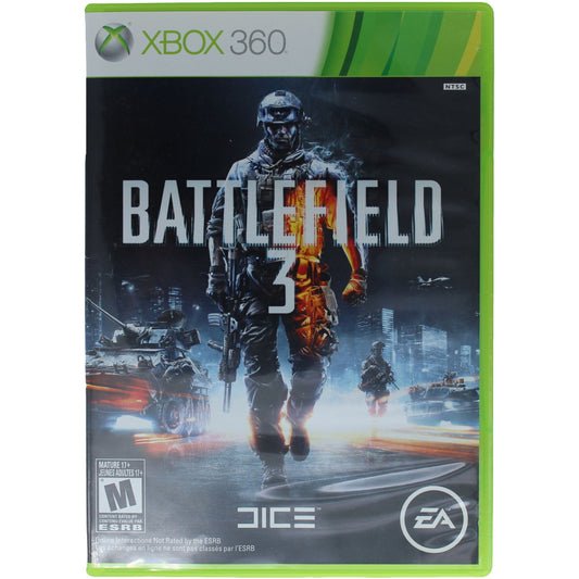 Xbox 360 game case for 'Battlefield 3' with a soldier and vehicle on the cover.