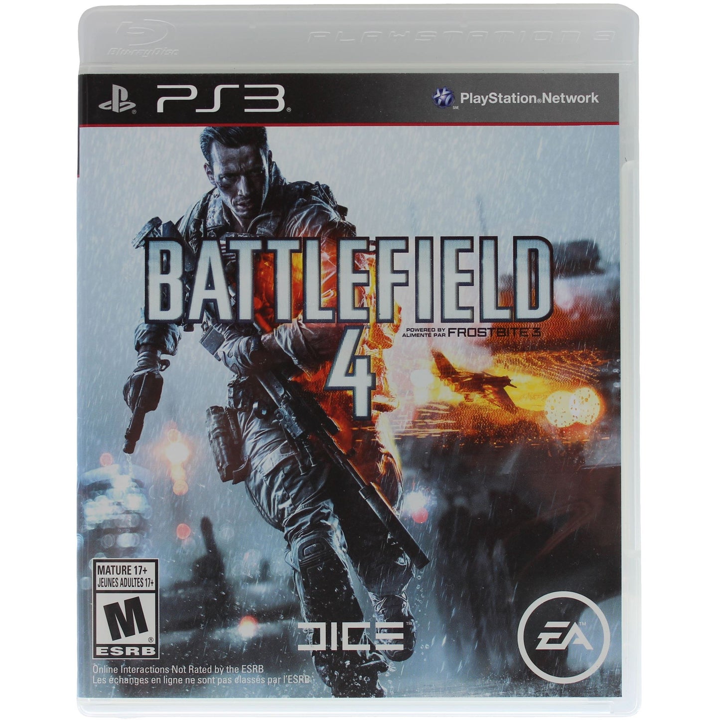 PlayStation 3 game case for 'Battlefield 4' with soldier and vehicle graphics.