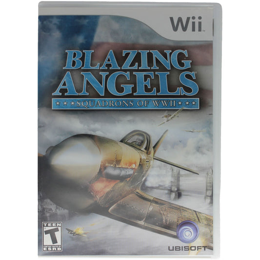 Wii game console cover for 'Blazing Angels: Squadrons of WWII' with airplane illustration.