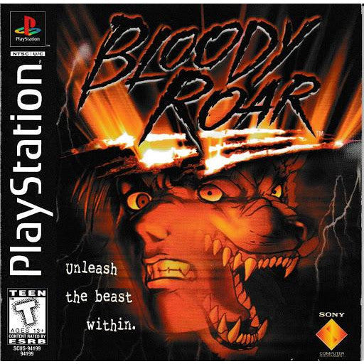 Game cover of 'Bloody Roar' for PlayStation with a roaring creature and fiery design.