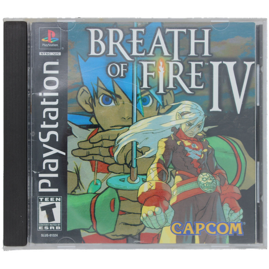 PlayStation game case for 'Breath of Fire IV' with character illustration on cover