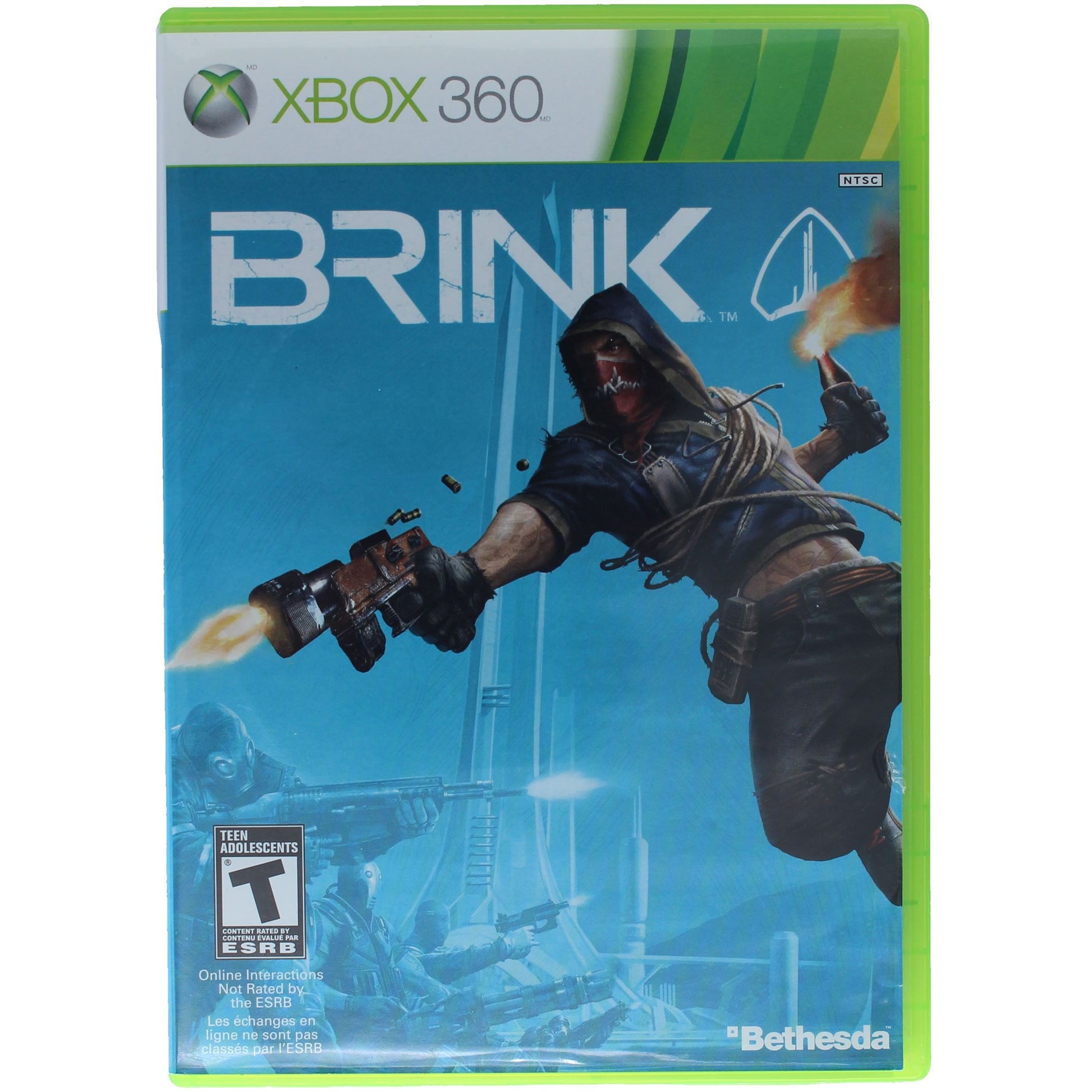 Xbox 360 game case for 'Brink' with a character holding a weapon on a blue background.