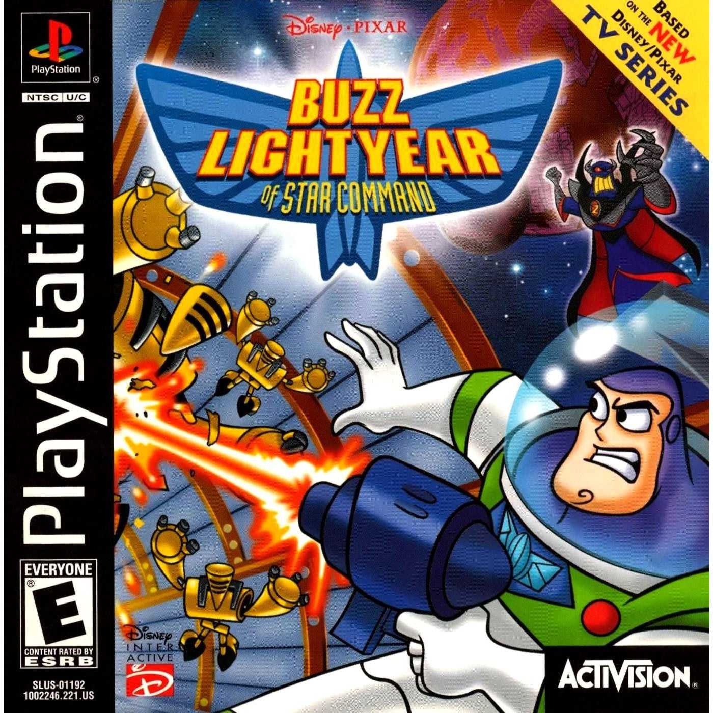 PlayStation game cover for 'Buzz Lightyear of Star Command' featuring Buzz Lightyear and Woody from Toy Story.