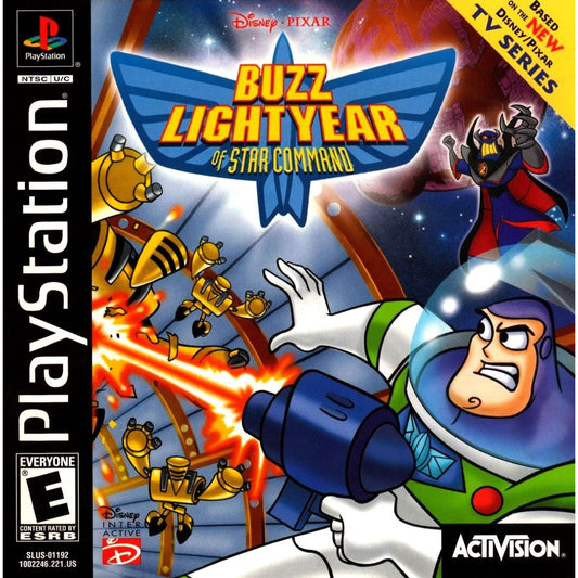PlayStation game cover for 'Buzz Lightyear of Star Command' featuring Buzz Lightyear and Woody from Toy Story.