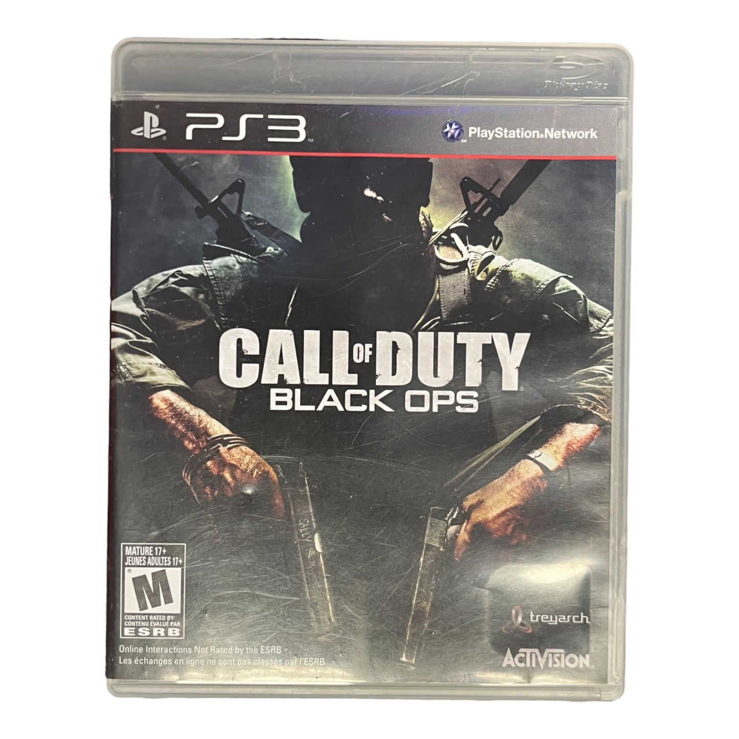 PlayStation 3 game case for 'Call of Duty: Black Ops' with a soldier in a gas mask on the cover.