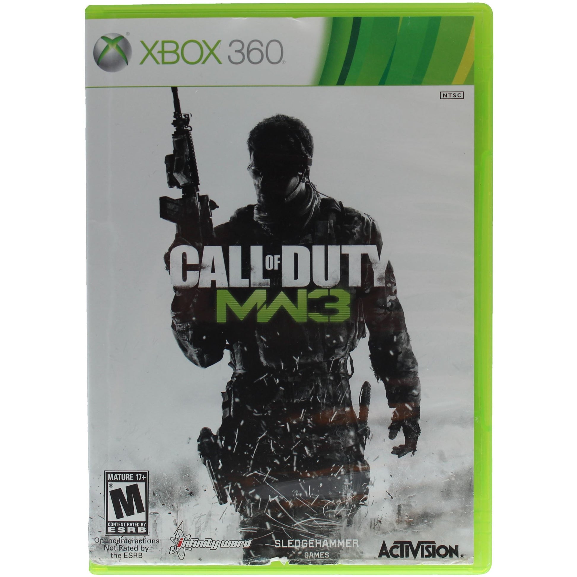 Xbox 360 game case for 'Call of Duty MW3' with a soldier silhouette in the snow.