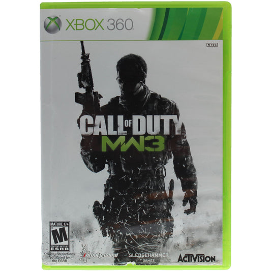 Xbox 360 game case for 'Call of Duty MW3' with a soldier silhouette in the snow.