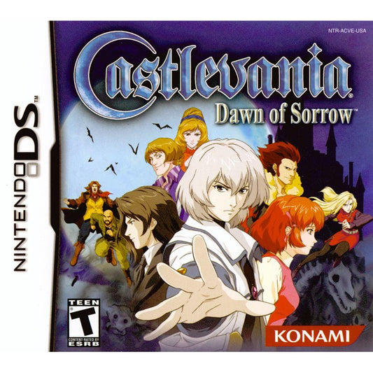 Nintendo DS game case for 'Castlevania: Dawn of Sorrow' with character illustrations and Konami logo.