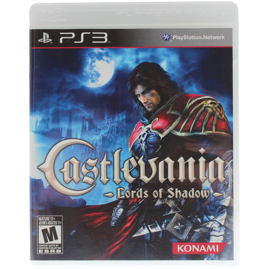PlayStation 3 game case for 'Castlevania: Lords of Shadow' with a character in a red cape against a moonlit sky.
