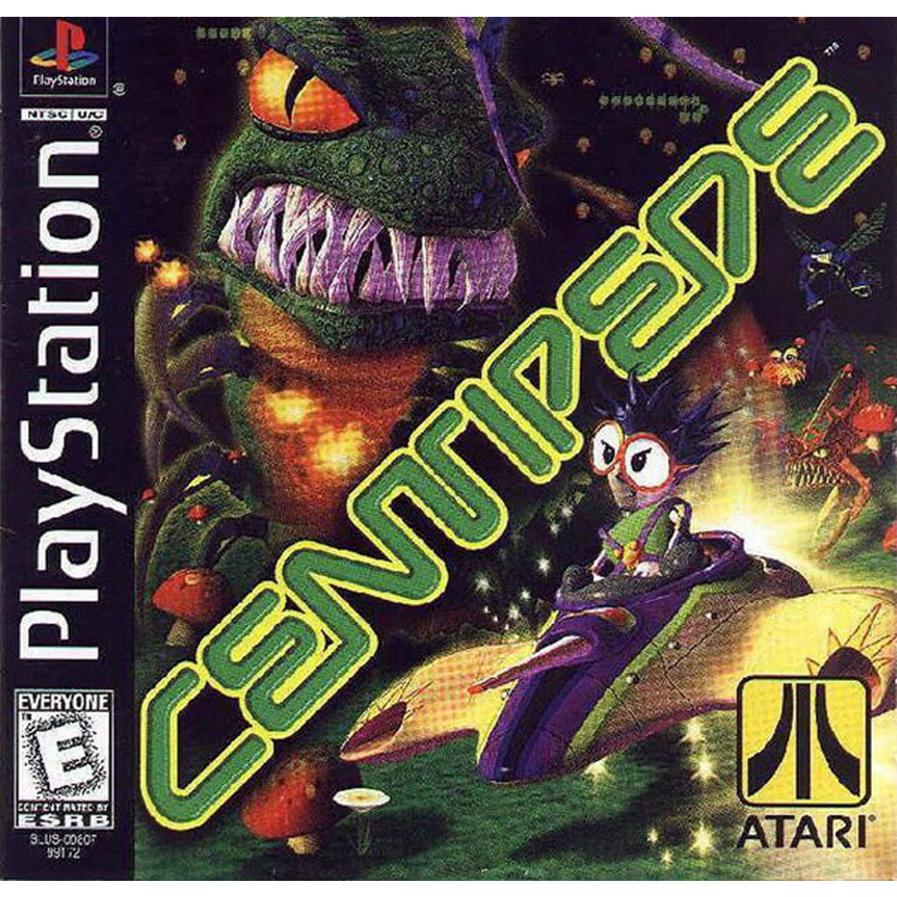 PlayStation game cover for 'Centipede' featuring a large green centipede and a character in a purple vehicle.