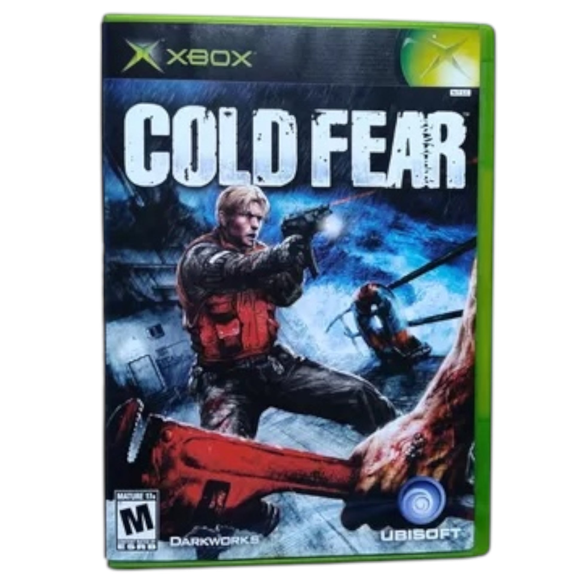Game box for 'Cold Fear' on Xbox with a character holding a gun and a bear in the background.