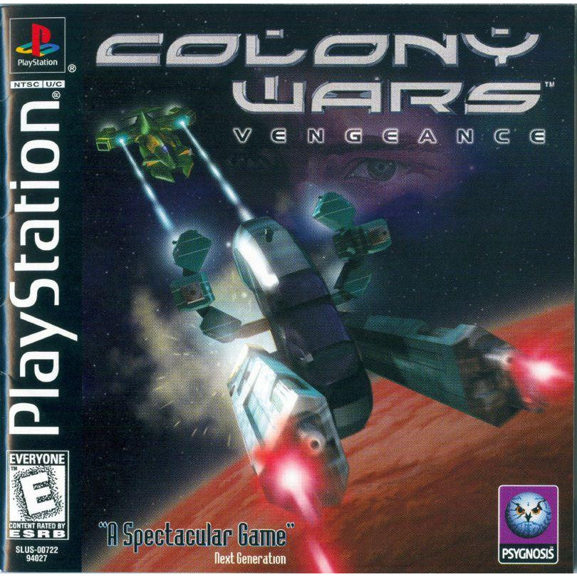 PlayStation game cover for 'Colony Wars: Vengeance' with spaceships and a player's face.