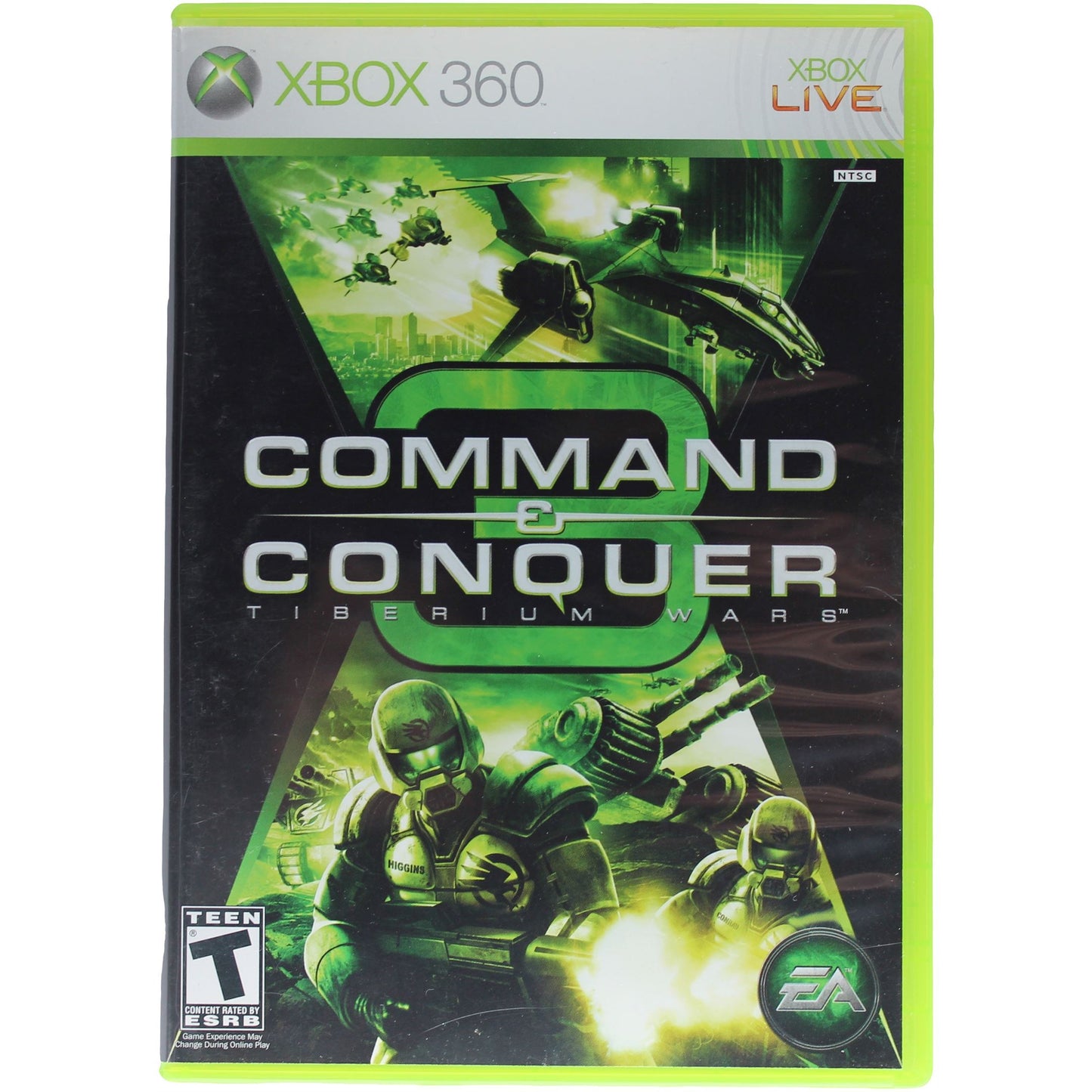 Xbox 360 game case for 'Command & Conquer: Tiberium Wars' with green and black design.
