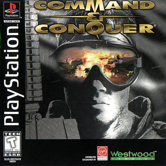 Game cover of 'Command & Conquer' for PlayStation with a soldier's face and explosion reflection.