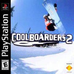 PlayStation game cover for 'Coolboarders 2' with a snowboarder in mid-air against a blue sky.