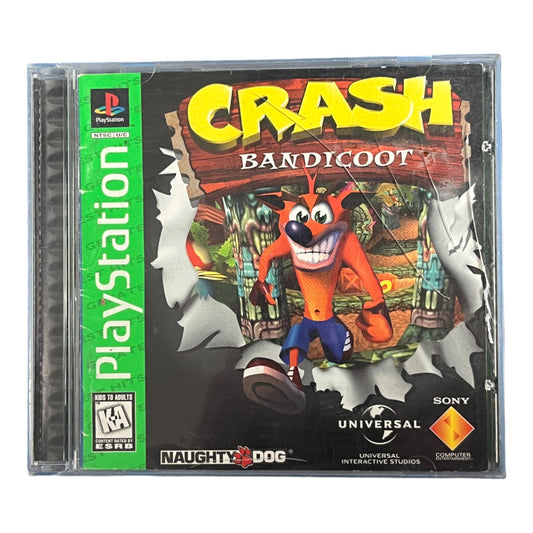 PlayStation game case for 'Crash Bandicoot' with character illustration on a white background