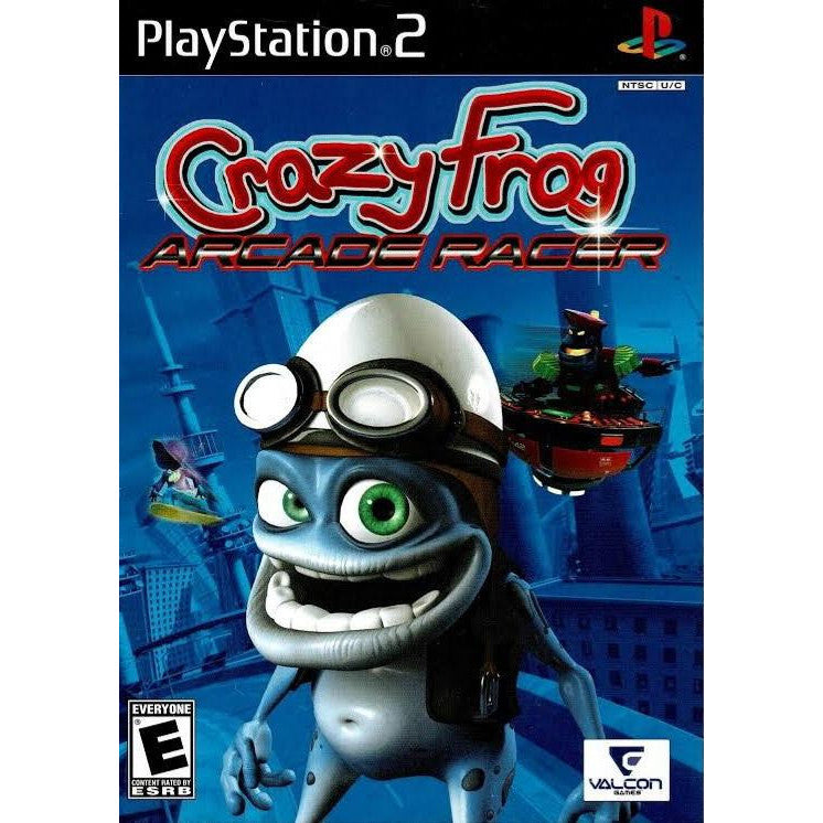 PlayStation 2 game cover of 'Crazy Frog Arcade Racer' with a frog character and cityscape background.