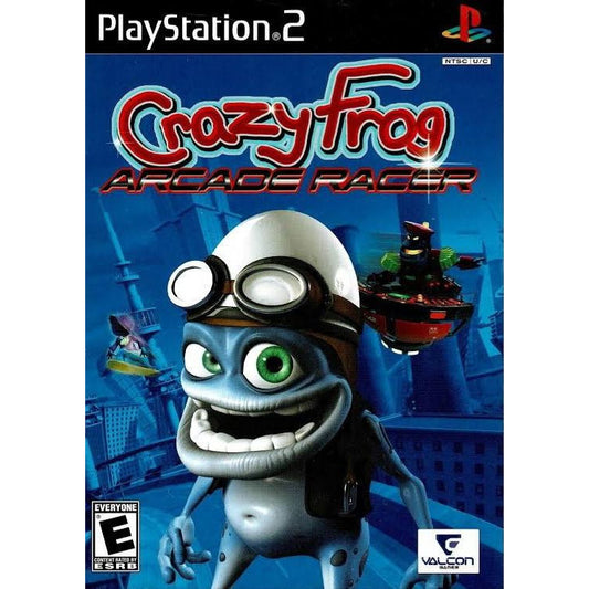 PlayStation 2 game cover of 'Crazy Frog Arcade Racer' with a frog character and cityscape background.