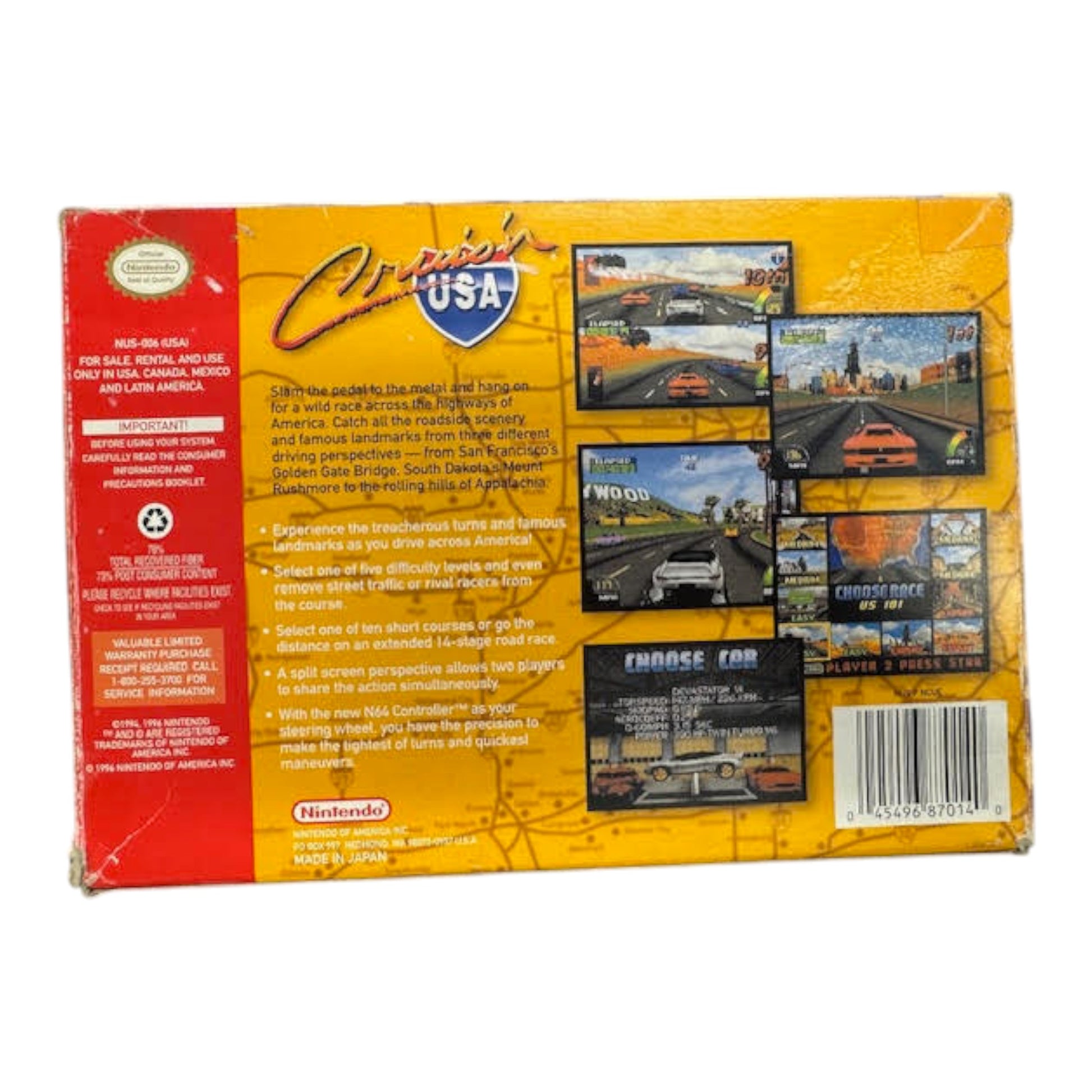 Box of 'Crash Test USA' video game for Nintendo, featuring images of cars and a map.