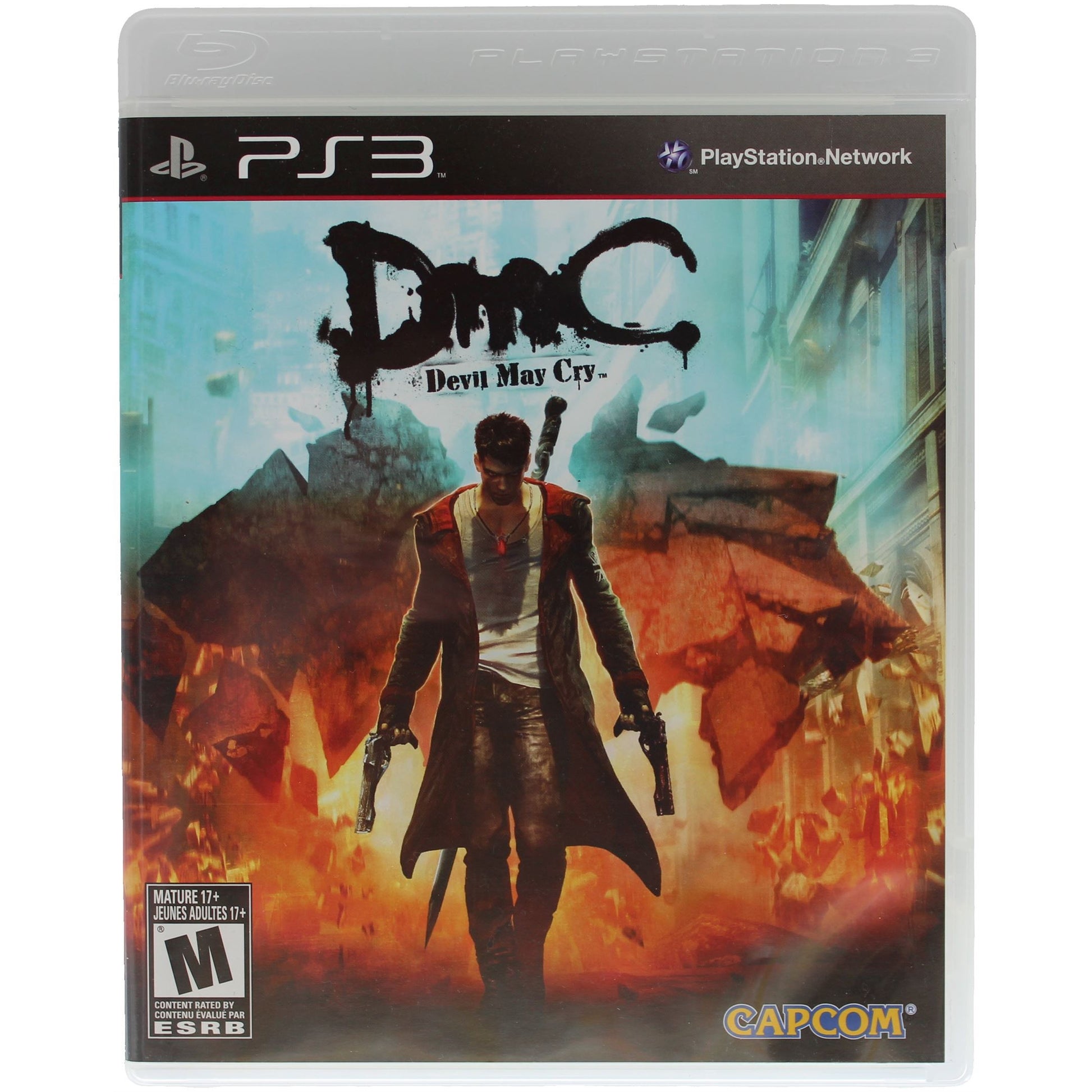 PlayStation 3 game case for 'DmC: Devil May Cry' with character and fiery background
