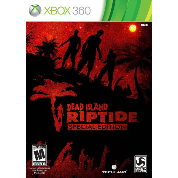 Cover art for Dead Island: Riptide video game, depicting silhouettes of characters on a red and black background.