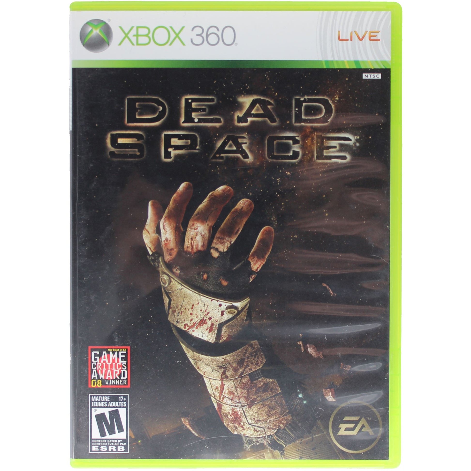 Dead Space game case for Xbox 360 with a gloved hand and bloodstains on a dark background.