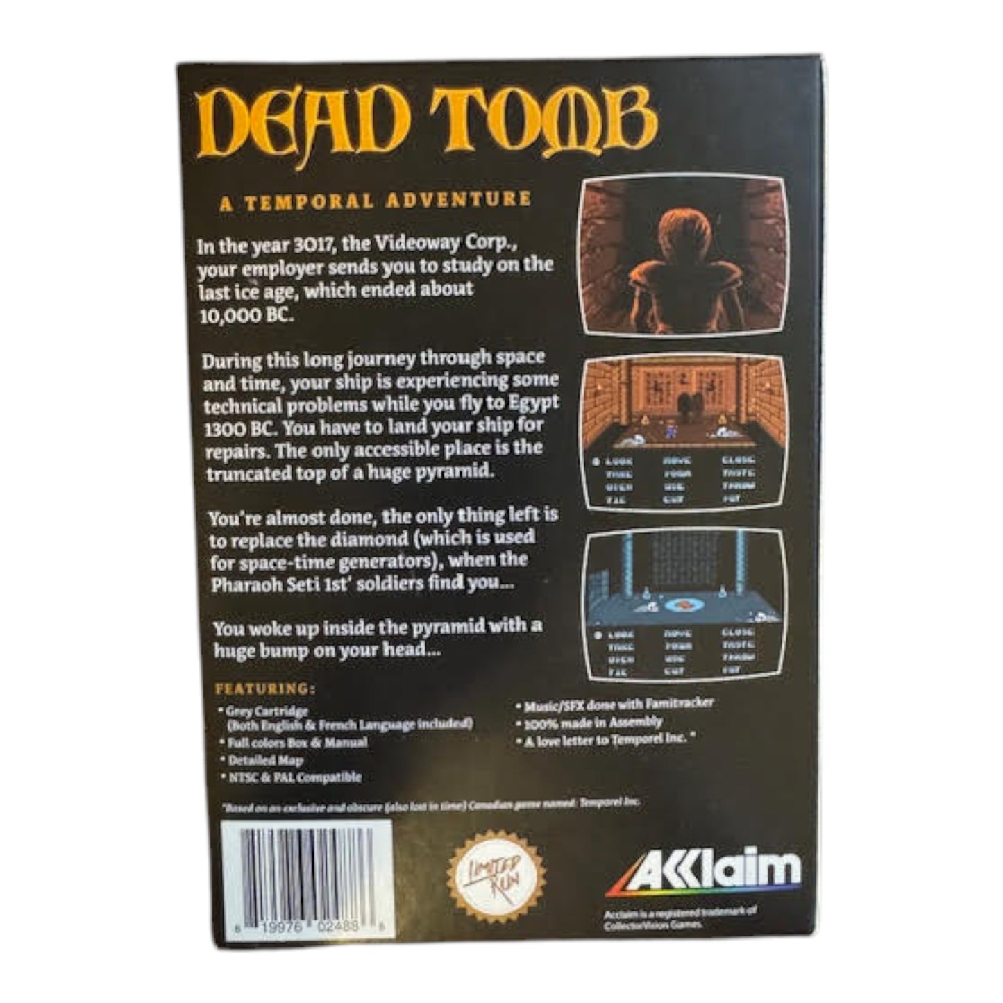 Back cover of a video game cartridge packaging for 'Dead Tomb' by Akalain