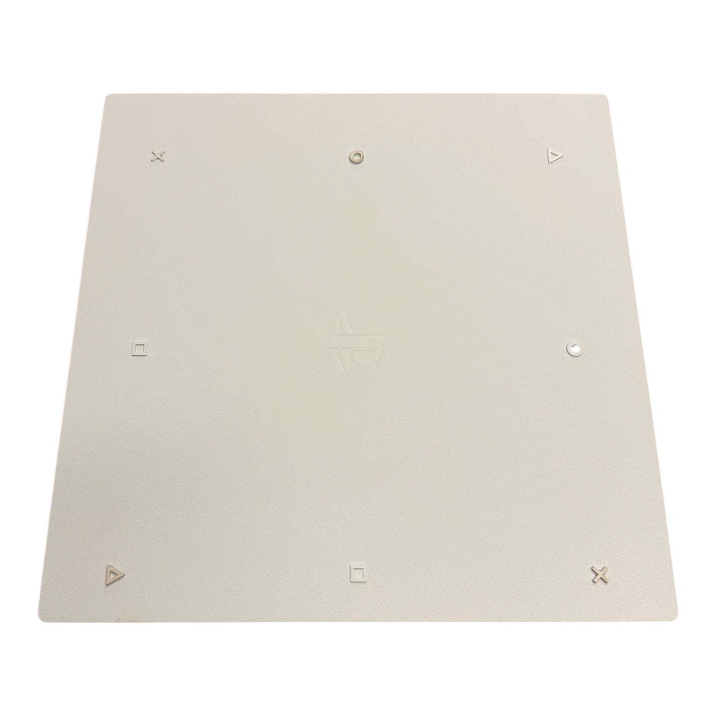 Beige square wall plate with multiple mounting holes on a white background