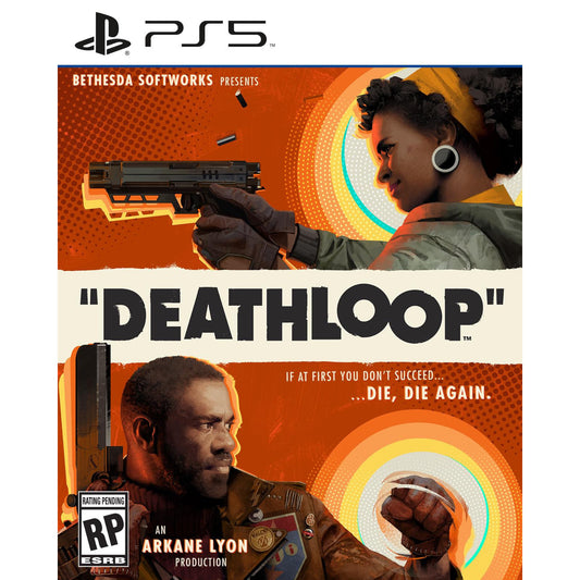 Game cover for 'Deathloop' by Bethesda Softworks with two characters and a gun on an orange and white background.