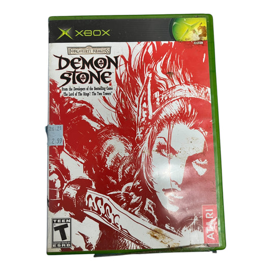 Xbox game case titled 'Demon Stone' with red and black artwork on a white background