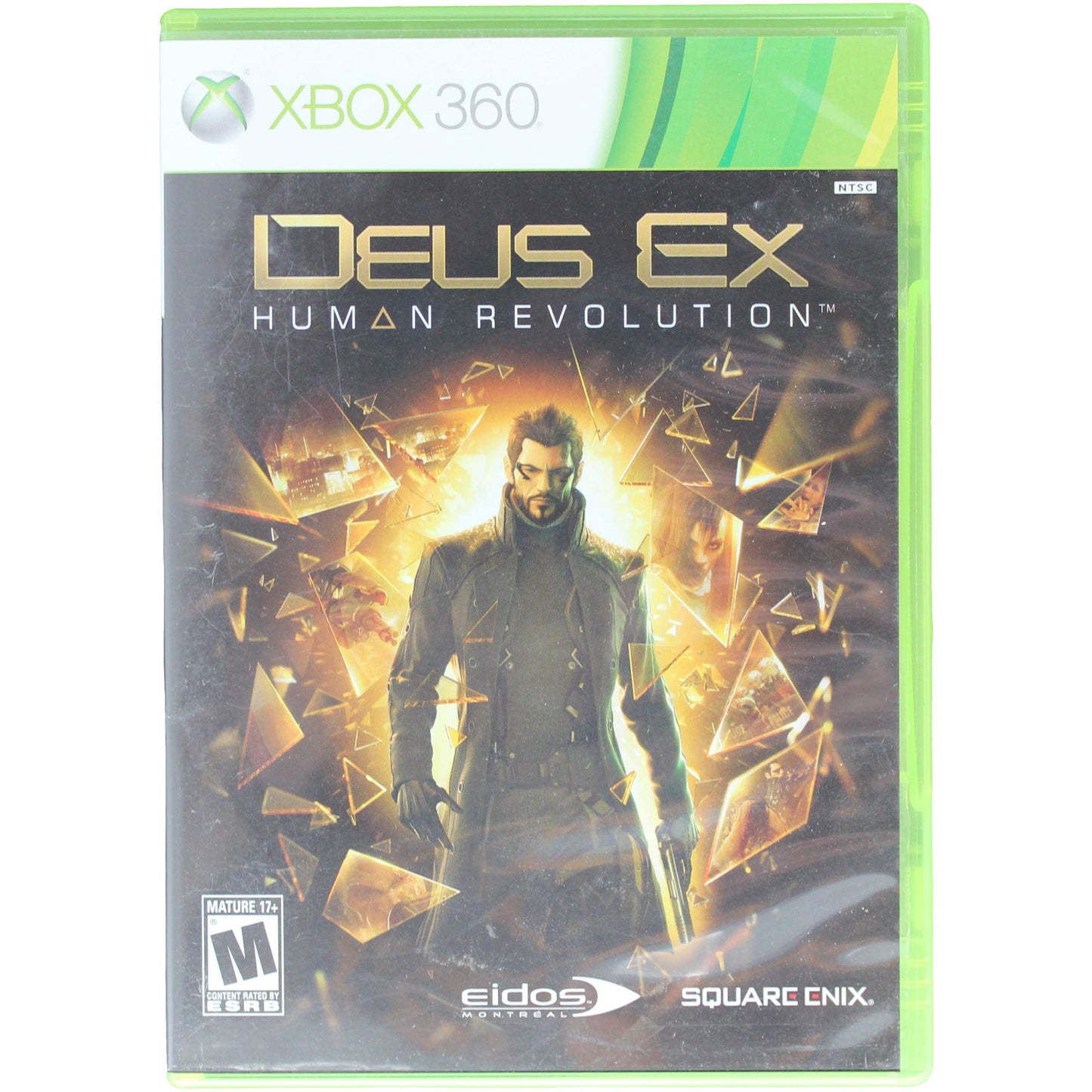 Game case for 'Deus Ex: Human Revolution' on Xbox 360 with character and shattered glass design.