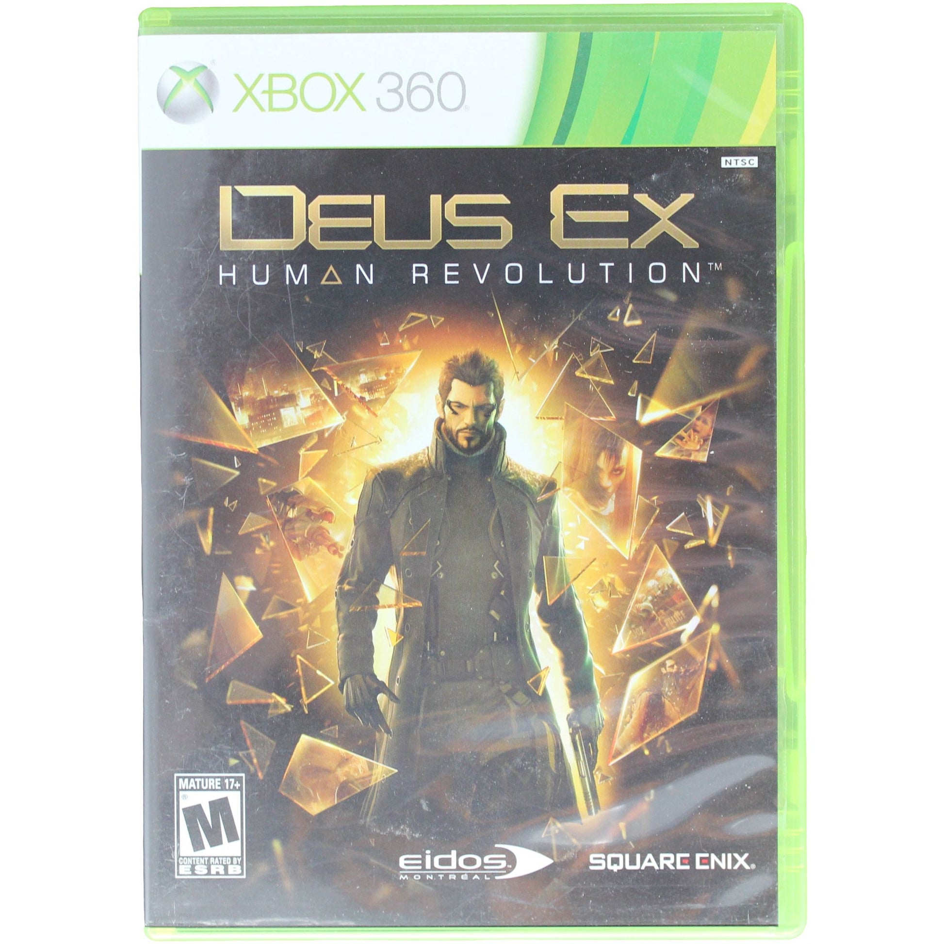 Game case for 'Deus Ex: Human Revolution' on Xbox 360 with character and shattered glass design.