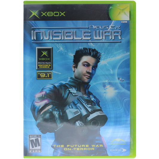 Game case for 'Deus Ex Invisible War' on Xbox with a character holding a weapon on a blue background.