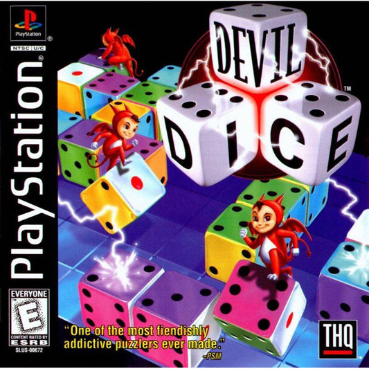 PlayStation game cover for 'Devil Dice' with colorful dice and cartoon characters.