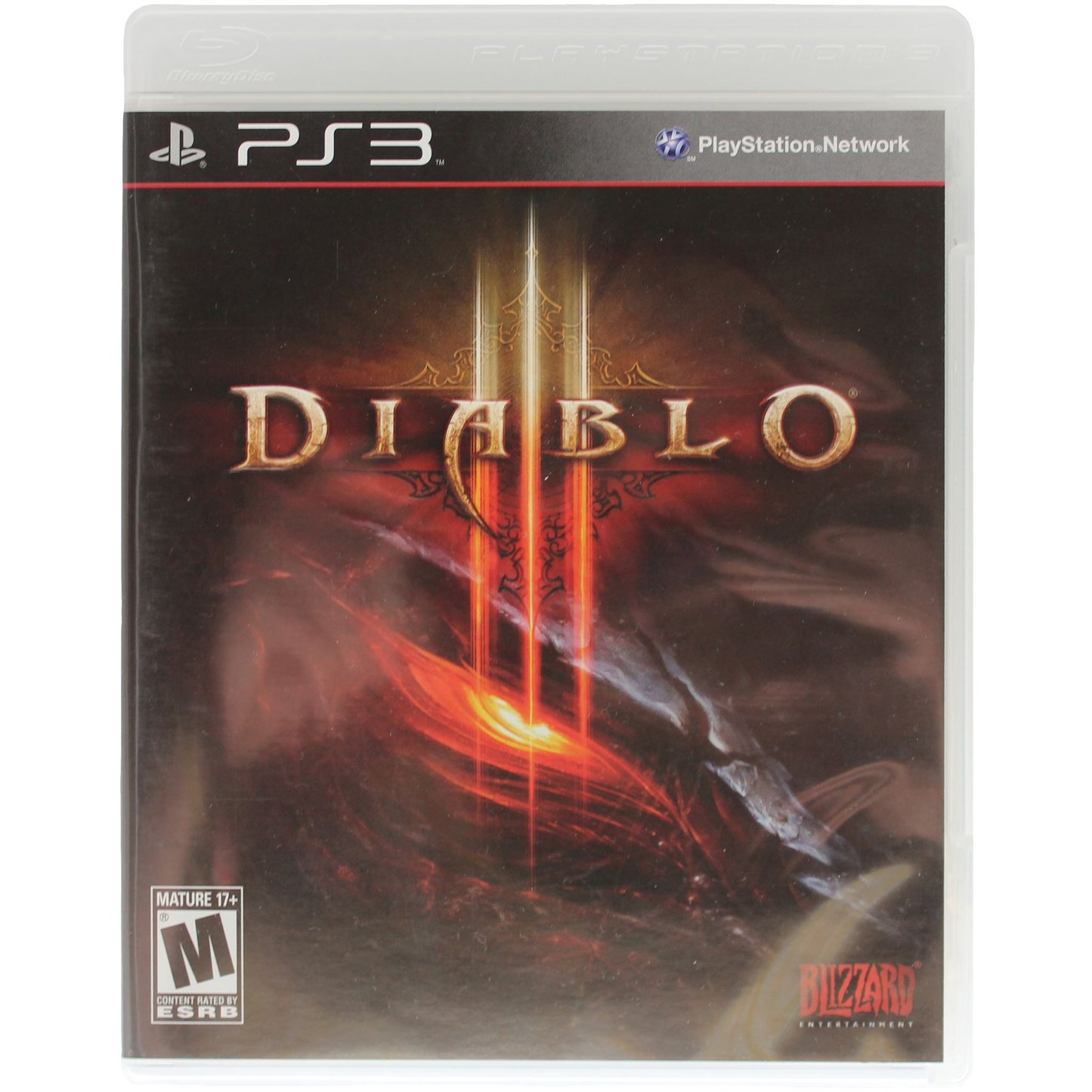 PlayStation 3 game case for 'Diablo III' with branding and rating.