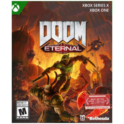 Game box for 'Doom Eternal' on Xbox Series X and Xbox One with fiery background and character illustration.