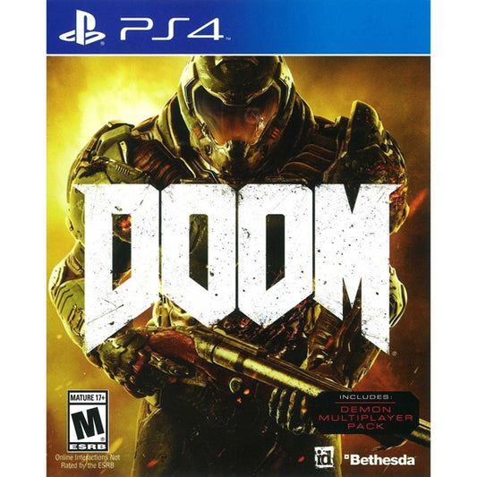 Doom game cover for PS4 with a character holding a weapon and the Bethesda logo.