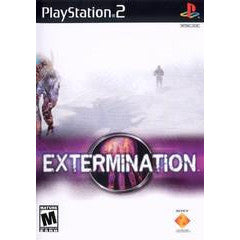 PlayStation 2 game case titled 'Extermination' with a purple logo and two figures on a snowy landscape.