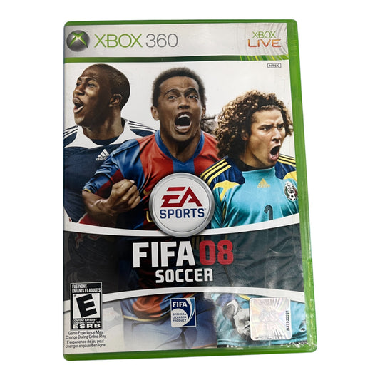 FIFA 08 Soccer game cover for Xbox 360 with three soccer players on the front.