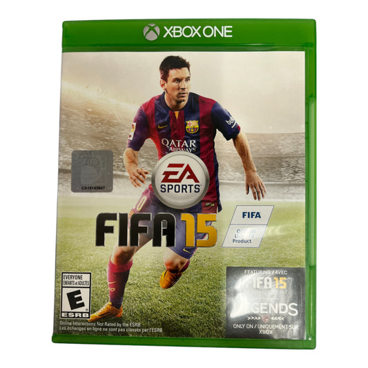 FIFA 15 game cover for Xbox One with a player in a sports jersey on a grass field.