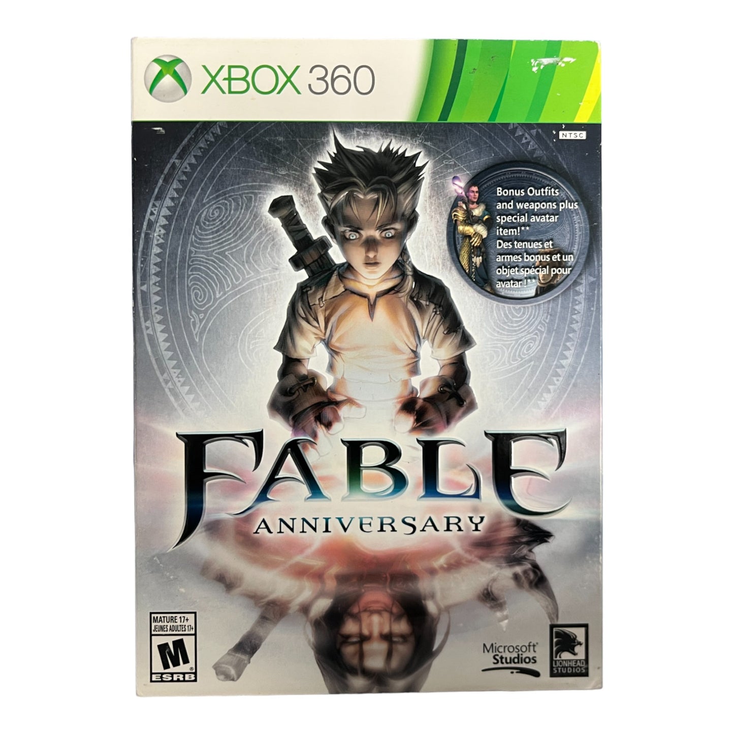 Xbox 360 game case for 'Fable Anniversary' with character illustration and Xbox logo.
