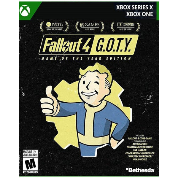 Game case for 'Fallout 4 G.O.T.Y.' on Xbox Series X and Xbox One with Vault Boy illustration.