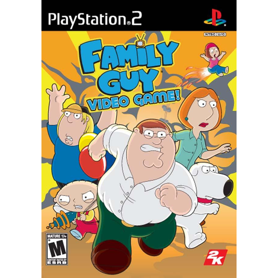 PlayStation 2 game cover for 'Family Guy Video Game' with cartoon characters and PlayStation logos.