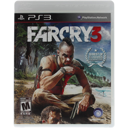 PlayStation 3 game case for 'Far Cry 3' with a character holding a gun in a jungle setting.