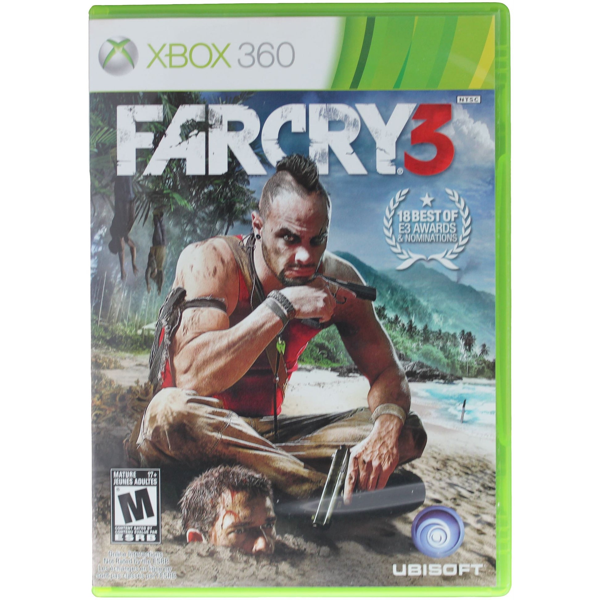 Xbox 360 game case for 'Far Cry 3' with a character holding a gun and a landscape in the background.